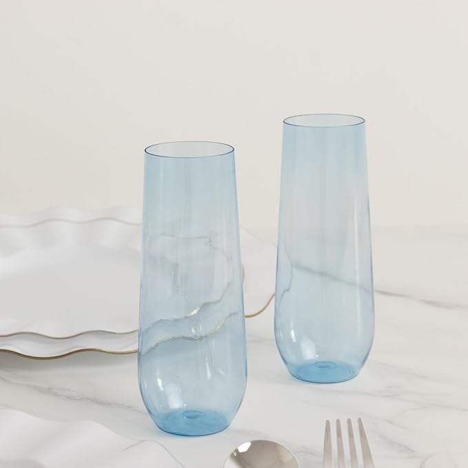 Efavormart 12 Pack Plastic Champagne Flutes in Transparent Blue, Reusable Lightweight Champagne Glass 9oz