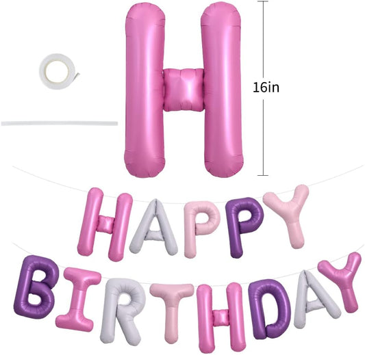 TONIFUL Happy Birthday Balloons Banner with Ribbon Straw, 16 Inch Mylar Foil Letters Birthday Sign Banner Balloon Bunting Reusable for Girls Boys Kids & Adults Birthday Supplies(Pink Purple)