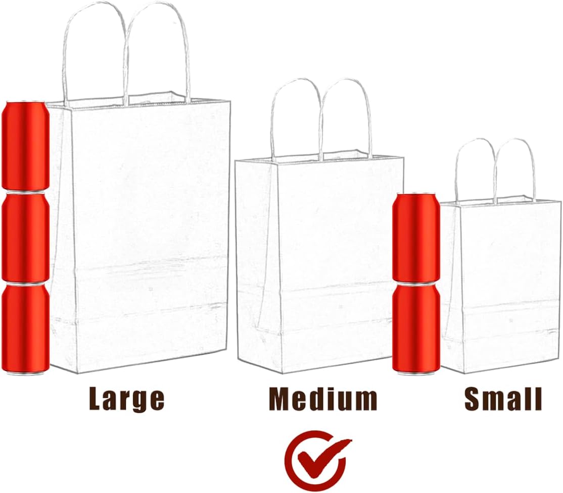 qiqee 200-Packs White Paper Gift Bags with Handles Bulk 10.6"x8.3"x4.3" Medium Size Paper Bags Multiple Uses