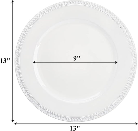 Okllen 12 Pack Plastic Round Charger Plates, 13" Dinner Chargers Decorative Plates with Beaded Rim, Embossed Charger Serving Plates for Wedding, Catering Event, Tabletop Decor, White