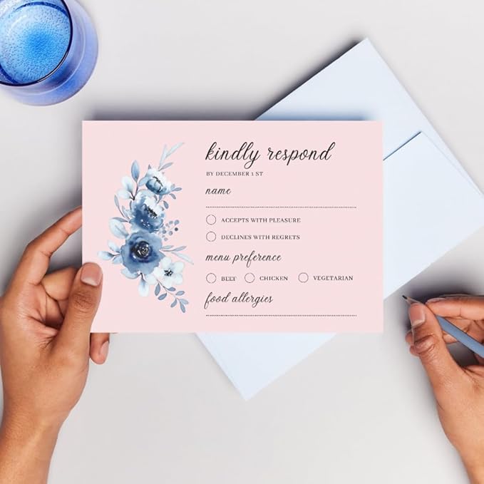 crafty-bell Glossy Finish Personalized Wedding RSVP Response Cards with White Envelopes, Blue Floral Design, 15 Count Respond Cards in Glossy Finish (Pink)