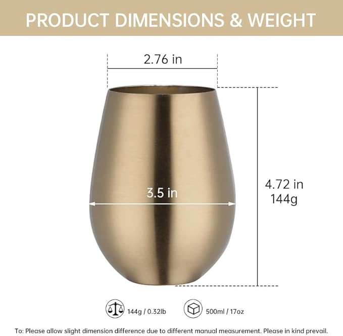 Buyer Star 304 Stainless Steel Wine Glasses Set of 4- Large 17 oz Outdoor Stemless Wine Tumblers - 100% Unbreakable & Stemless Metal Drinking Cups for Home and Outdoors (Champagne gold)