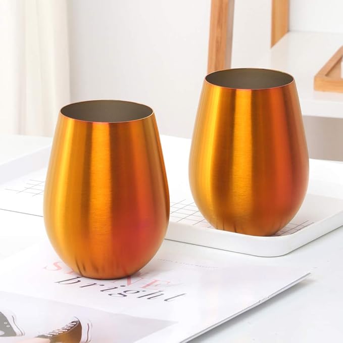 Buyer Star 304 Stainless Steel Wine Glasses Set of 4 - Large 17 oz Outdoor Stemless Wine Tumblers - 100% Unbreakable & Stemless Metal Drinking Cups for Home and Outdoors Dishwasher safe (Orange Red)