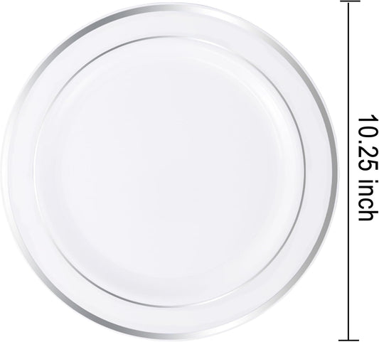 bUCLA 30PCS Silver Plastic Dinner Plates - Premium Heavy Duty 10.25inch Silver Disposable Party Plates, White and Silver Plastic Plates for Wedding & Christmas