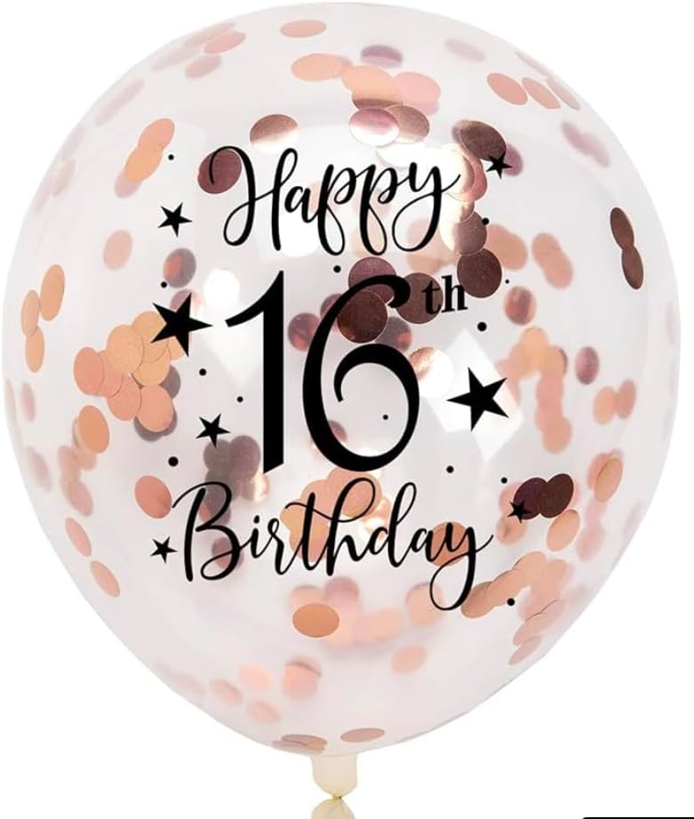 Party Store Plus 16th Birthday Balloons - 15pcs (Black, Gold, Rose Gold Confetti) - Sweet 16 Birthday Party Decorations - Happy 16th Birthday Balloons - 12 Inch Latex Balloons