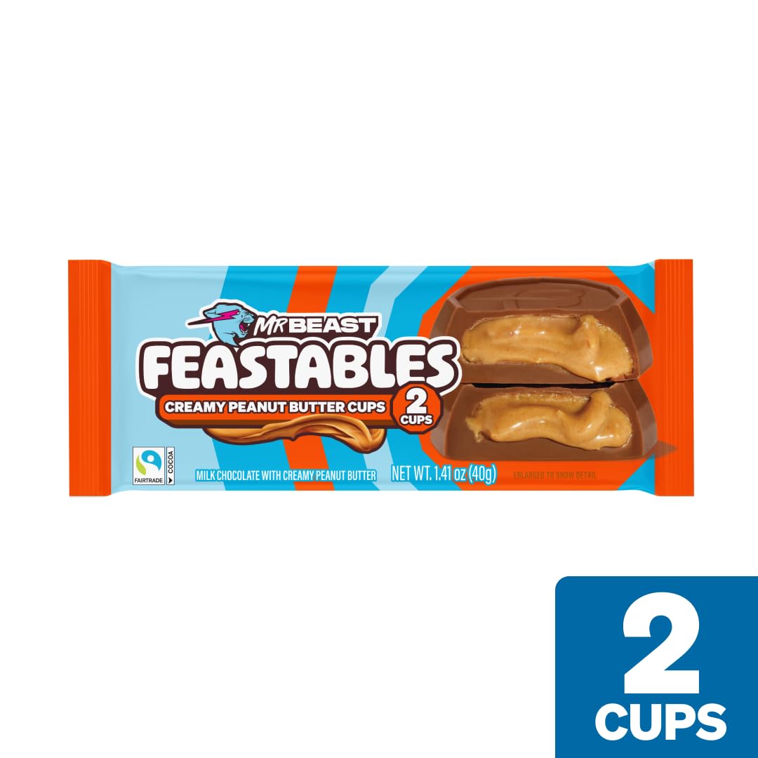 Feastables MrBeast Peanut Butter Cups, Milk Chocolate & Creamy Peanut Butter Filling, Cups for Adults & Kids, Chocolate Candy for Snacks, Gifts, or Dessert, Made With Fairtrade Cocoa, 2 Pack, 24 Count