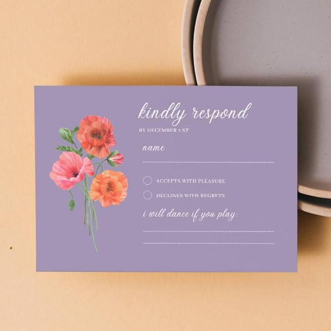 Personalized Wedding RSVP Cards On Glossy Thick Card With Envelope, Personalized Reponse, 5 x 3.5 Inches, Set of 15 Custom Cards with White Envelopes (Purple)