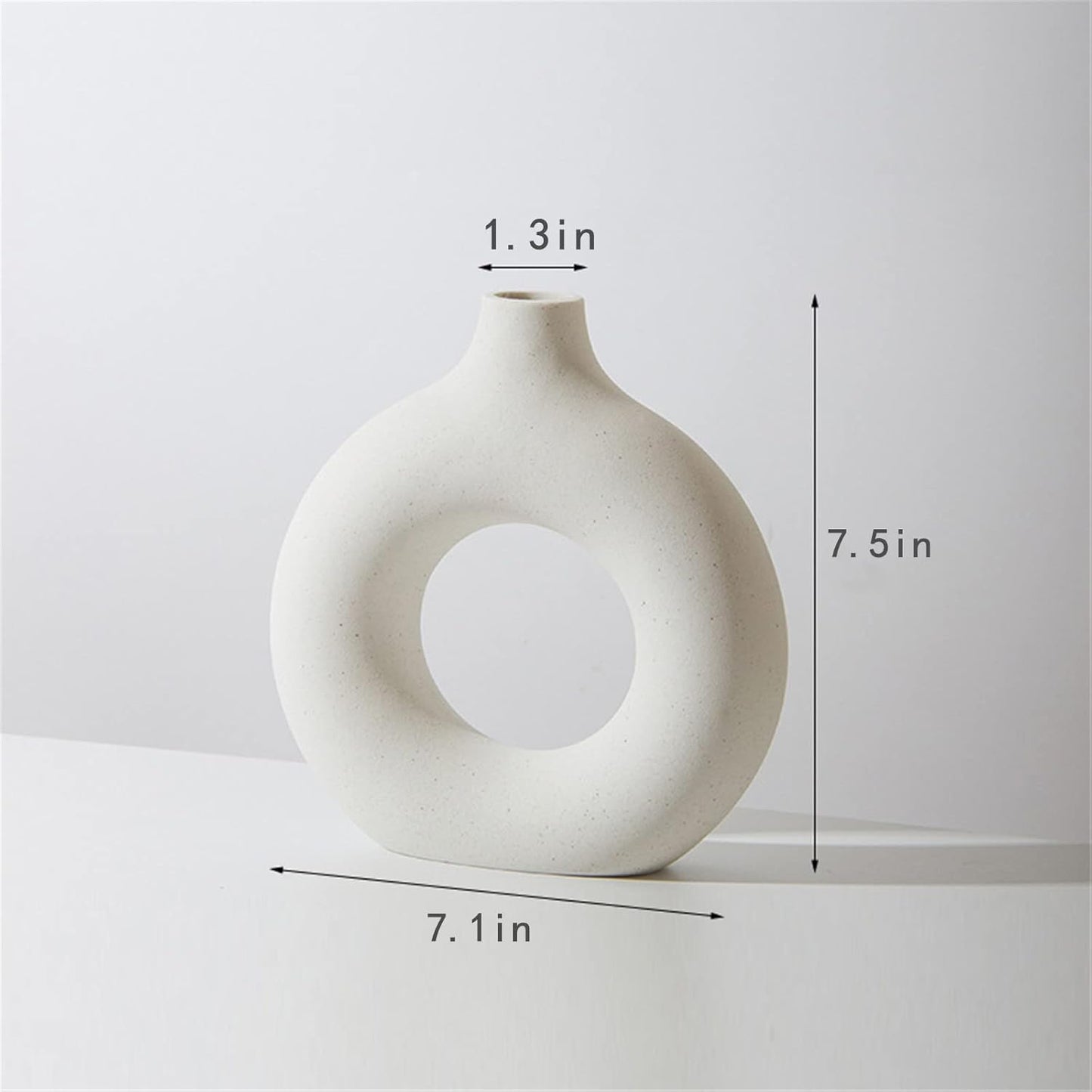 White Circle Ceramic Vase for Decor, Circular Matte Hollow Donut Flower Vases Decorative Minimalist Modern Nordic Boho Style for Home Living Room Office Bedroom Table (H7.5'' × W7.1'')