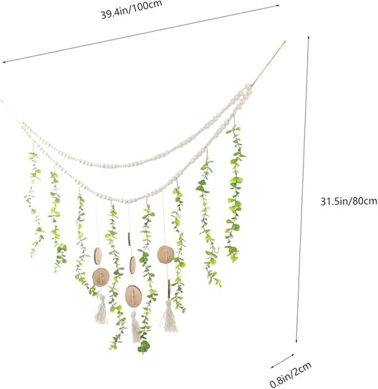 PRETYZOOM Macrame Hanging Photo Display Wooden Beads Elegant Wall Decor for Living Room Farmhouse Beaded Garland for Photos Easy to Install Eucalyptus Leaf Design Boho Aesthetic Home