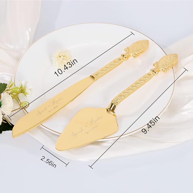 TUKDAK Cake Cutting Set for Wedding, Personalized Gold Cake Knife and Server Set, Custom Cake Serving Set, Engraved Pastry Pie Server Cake Pizza Cutter, Birthday Bridal Gift (CUS-Vintage)