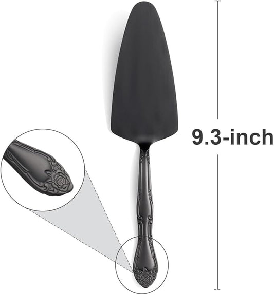 Deeny Jarte 3-Piece Cake Server Set - 9.3-Inch Matte Black 430 Stainless Steel with Rose Handle Design - Ideal for Cake, Pie, Pizza, and Dessert Serving - Dishwasher Safe Pastry Server Set