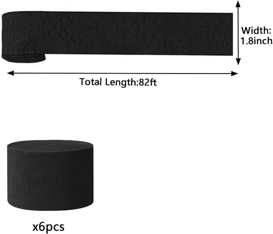 We Moment Crepe Paper Streamers - Black Party Streamer, 1.8 Inch Widening, 6 Rolls (82 Feet per Roll) for Birthday & Wedding Decorations