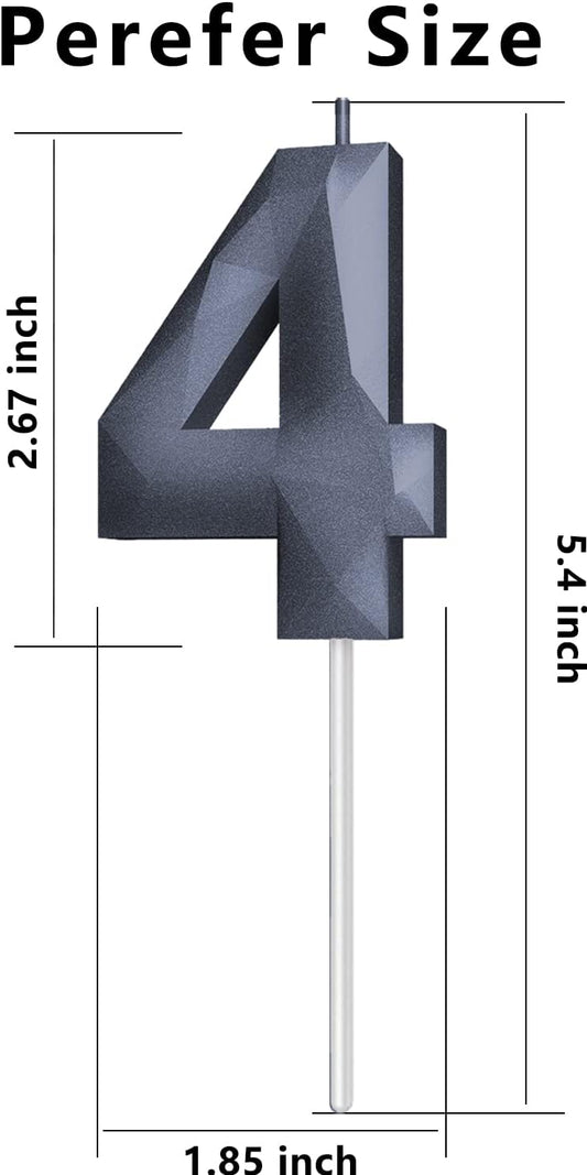 Number Birthday Candles(4 Candle Black) 3D Diamond Shape 4th Happy Birthday Cake Topper Decorations for Boy Men Birthday Wedding Anniversary Celebration Theme Party Supplies