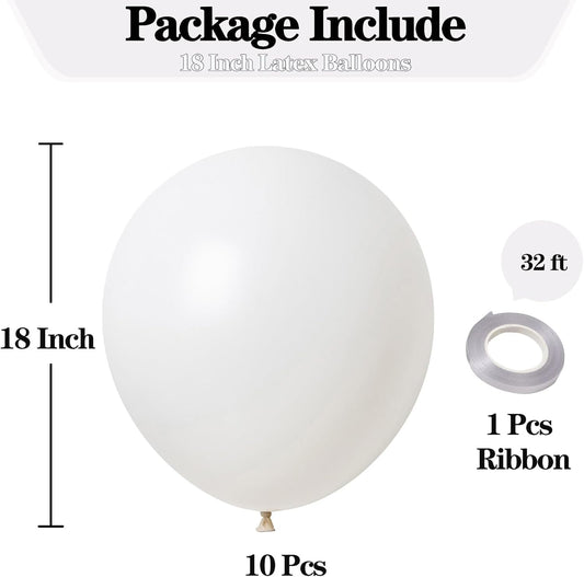 KALOR 18 Inch White Balloons, 10 Pcs White Matte Latex Balloons Big Round Balloons for Wedding, Baby Shower, Birthday Party and Event Decoration