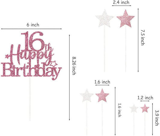 Glittery 16th Happy Birthday Cake Topper with Star,Personalised 16 Birthday Cake Toppers Party Decorations Party Supplies for Boys Girls Rose Gold