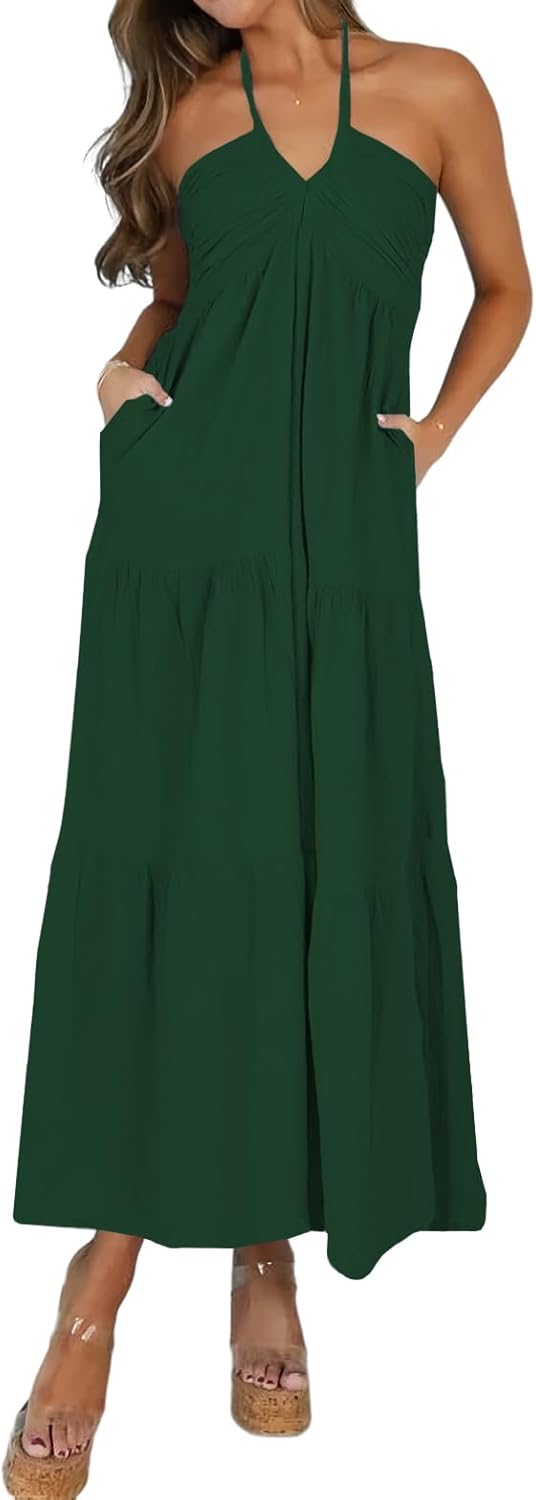 Women's Casual Halter Tiered Vacation Maxi Dress with Pockets