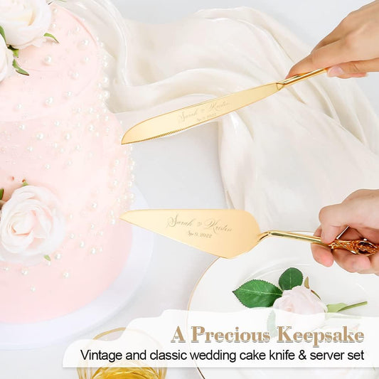 Wedding Cake Knife and Server Set, Personalized Gold Cake Cutting Set for Wedding, Engraved Classic Cake Knives Cutter Set, Pie Pastry Server, Birthday Bridal Gift (CUS-Crown)