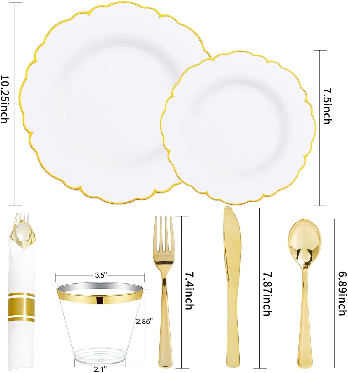 Morejoy 175PCS Gold Plastic Plates,White Gold Disposable Plates with Pre Rolled Napkins:25 Dinner Plates,25 Dessert Plates,25 Spoons,25 Forks,25Knives,25Cups,25Napkins for Party & Father's Day