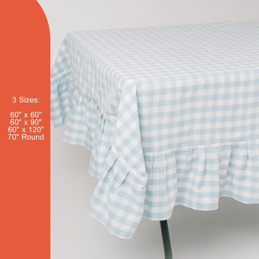 60x90 in Cotton Tablecloth with Ruffled Hem – Rectangular Farmhouse Dining Table Cover for Kitchen, Weddings, Parties, Indoor or Outdoor Picnic and Everyday Decor – Blue Checkered