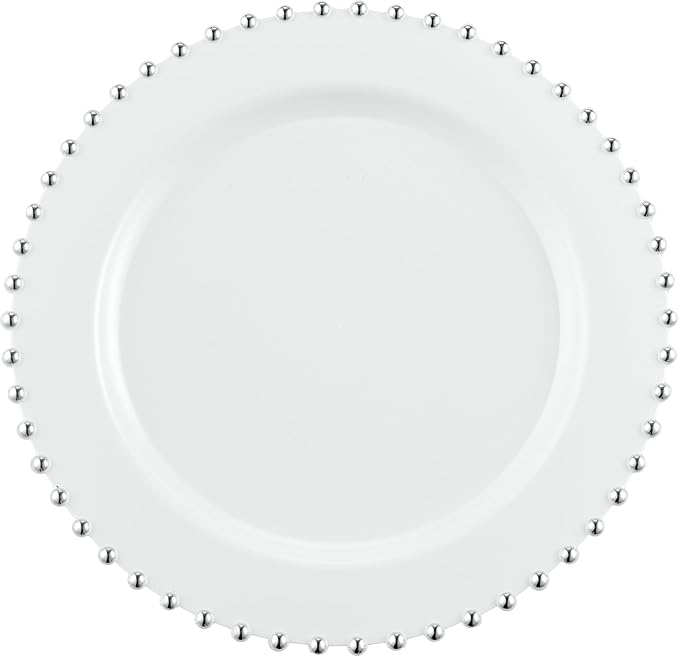 PLASTICPRO 64 Piece Combo Plastic Dinner Plates Disposable Plastic Fancy Heavy Duty Party Dishes 7 inch and 10 inch, White and Silver Beaded