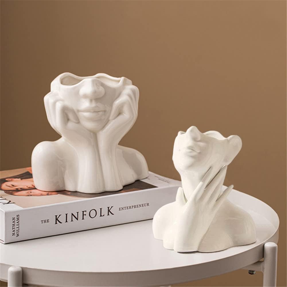 White Ceramic Face Vase, Female Form Head Half Body Bust Vases Boho Feminist Minimalism Decorative Modern Nordic Style Flower Vase for Home Living Room Office Book Shelf Decor (Medium)