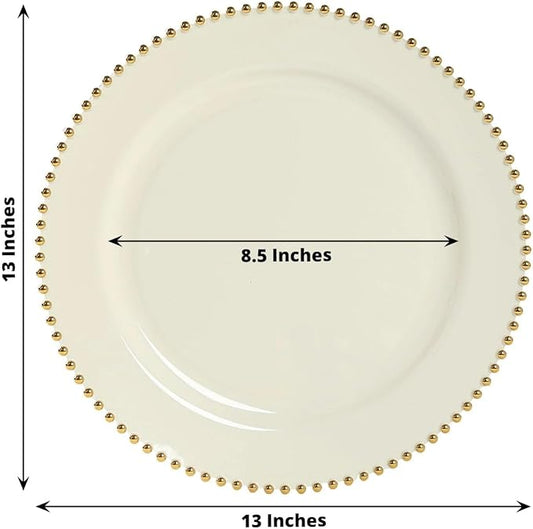 Efavormart 10-Pack Economy Plastic Charger Plates 13" Round Ivory with Gold Beaded Rim - Stylish Dinner Party Serving Plates