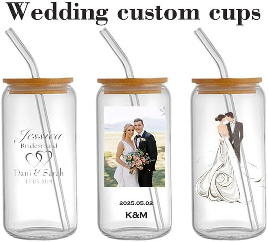 Personalized Mason Jar Drinking Glasses with Bamboo Lid and Straw, 11.6 oz, Wedding and Christmas Custom Designs (6, 11.6oz)