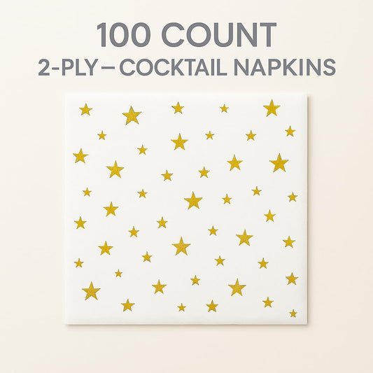 100 Pack White Cocktail Napkins with Gold Stars – 3-Ply Fancy Disposable Party Napkins 5x5 Inches for Weddings, Birthdays, Holidays, Baby Showers & Events – Elegant Gold Foil desgin by Hydro Energy