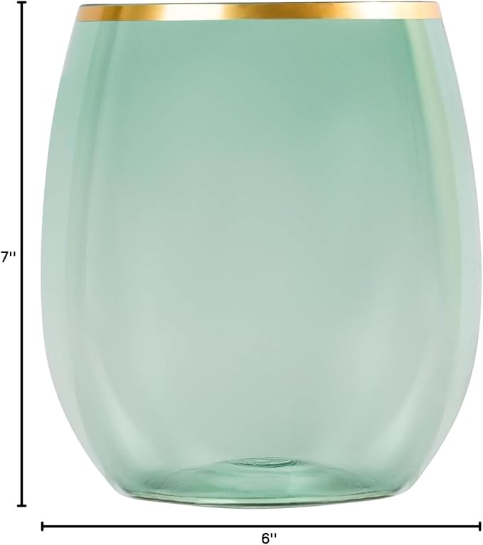 PLASTICPRO 12 Pack Green With Gold Rim Plastic Wine Glasses Stemless Disposable 12 oz BPA Free Shatterproof Plastic Wine Cups Wine Glasses for Parties