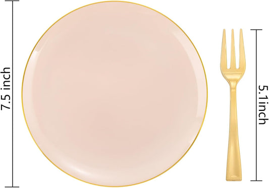 LIYH 200 Pcs Pink Gold Dessert Plates and Forks, Small Cake Plates 7.5 Inch, Party Plate and Forks 5 Inch for Bridal Shower, Birthday Tea Party