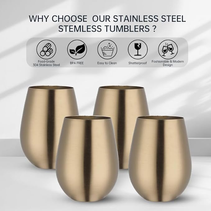 Buyer Star 304 Stainless Steel Wine Glasses Set of 2- Large 17 oz Outdoor Stemless Wine Tumblers - 100% Unbreakable & Stemless Metal Drinking Cups for Home and Outdoors (Champagne gold, Set of 2)