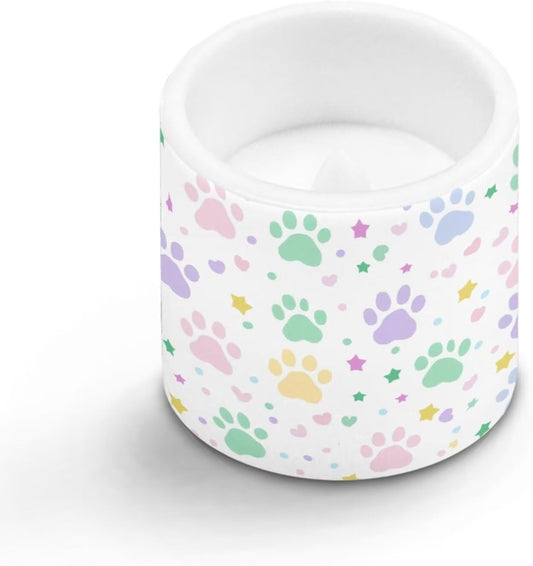 Poceacles LED Flameless Candles Set of 4 Flickering Night Lights with Remote and Timer, Stylish Design Battery Operated Candles for Indoor Outdoor Decorations, Cute Paw Star Love Print White