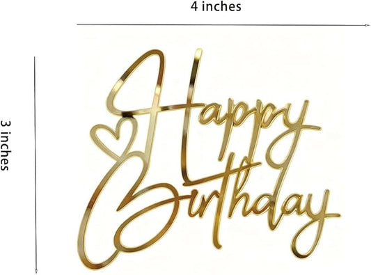 Happy Birthday Cake Topper Mirror Acrylic Cake Topper Side Cake Topper Gold Cake Insert Cake for Birthday Party (Gold-1(4 * 3in))