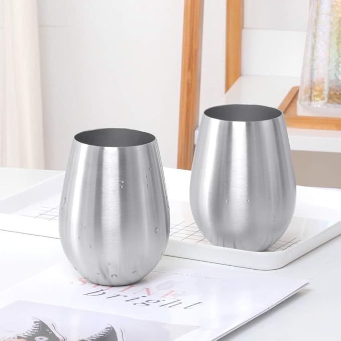 Buyer Star 304 Stainless Steel Wine Glasses Set of 2 - Large 17 oz Outdoor Stemless Wine Tumblers - 100% Unbreakable & Stemless Metal Drinking Cups for Home and Outdoors (Silver)