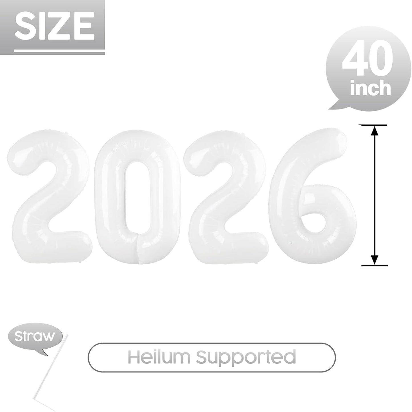 2026 Balloon - 2 Pack White Birthday Number Balloons, 40 Inch Large Foil Balloons for Men Women Boys Girls White Themed Birthday Decorations,Number 2026 Balloon