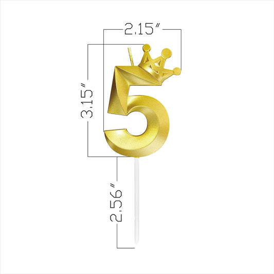 Number 5 Birthday Candle Five Years Old Happy Birthday Number Candles Cake Topper Decorations 3D Crown (Crown-5, Gold)