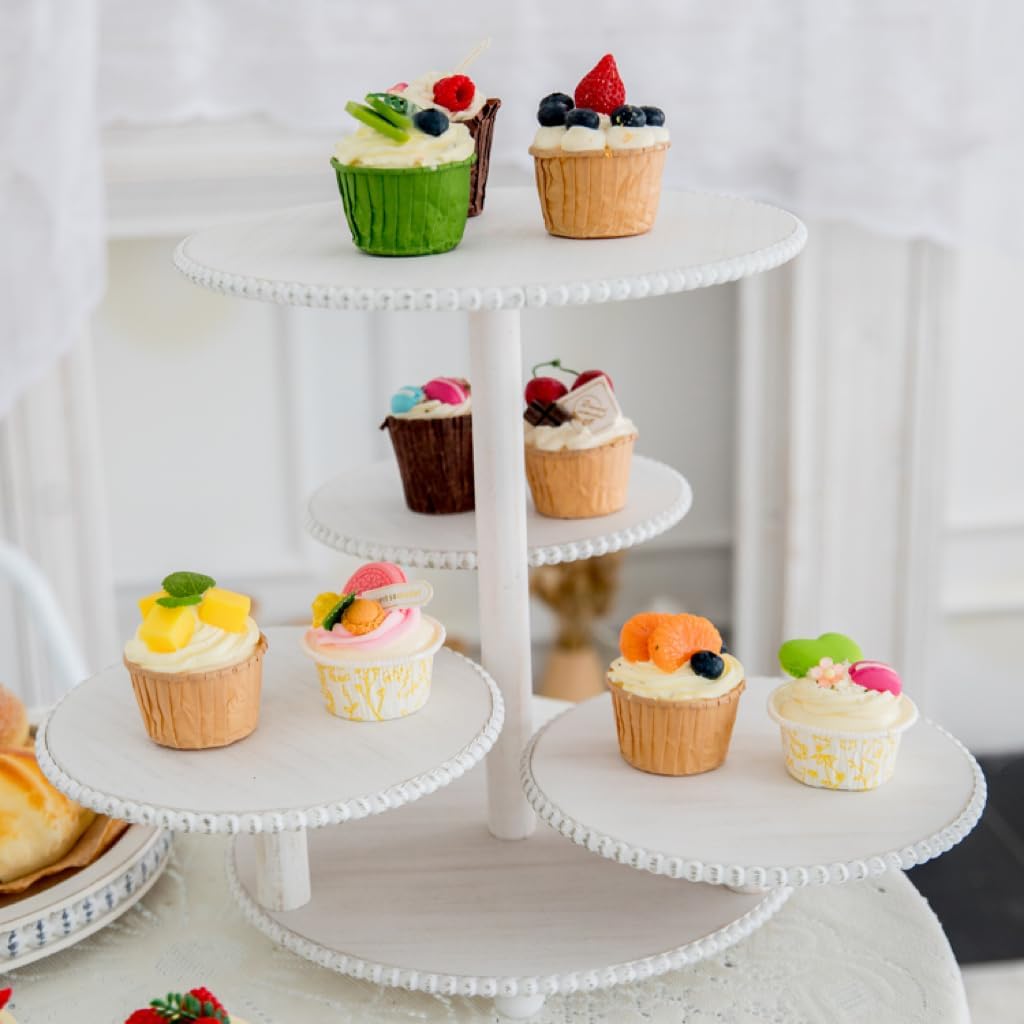 4 Tiered Beaded Cake and Cupcake Stand, Rustic Wooden Cupcake Tower Stands for 50 Cupcakes, White Cupcake Tier Stand Display for Birthday Wedding Baby Shower Tea Party Decor