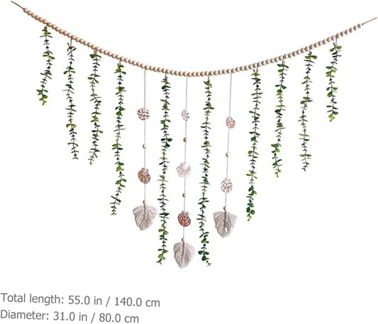 Wooden Bead Fake Vines Garland with Eucalyptus Leaves Shells Lightweight Wall Hanging Decor for Bedroom Living Party Versatile Home Decoration