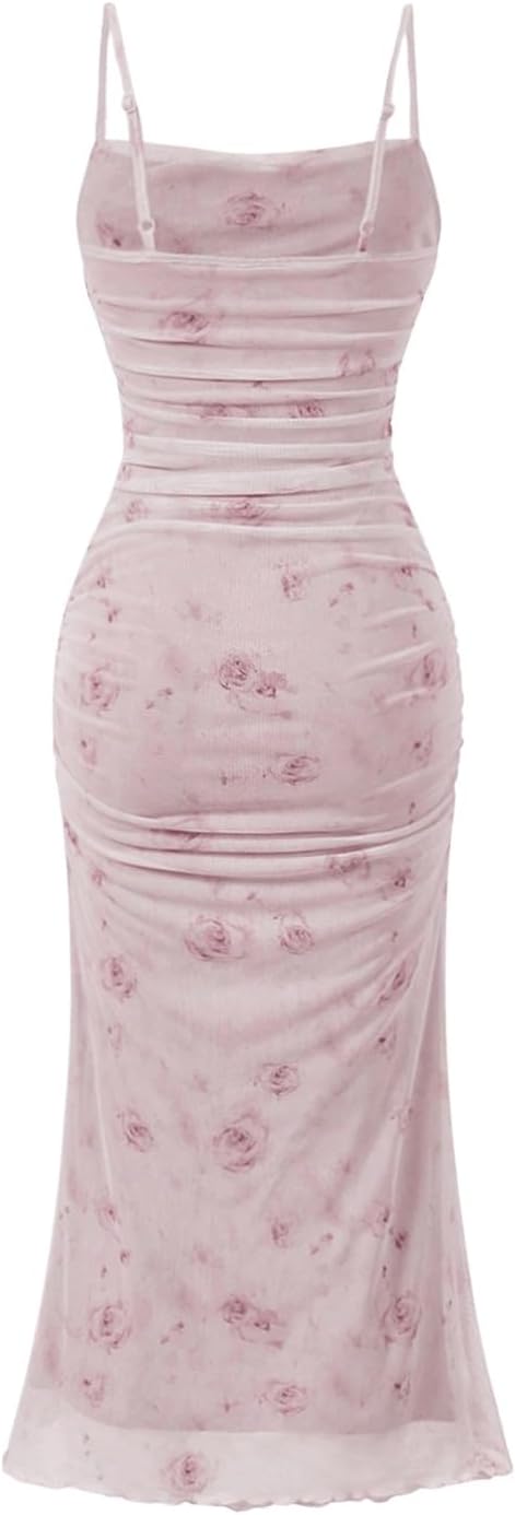GORGLITTER Women's Floral Ruched Bodycon Midi Dress Mesh Sleeveless Fishtail Cami Dresses