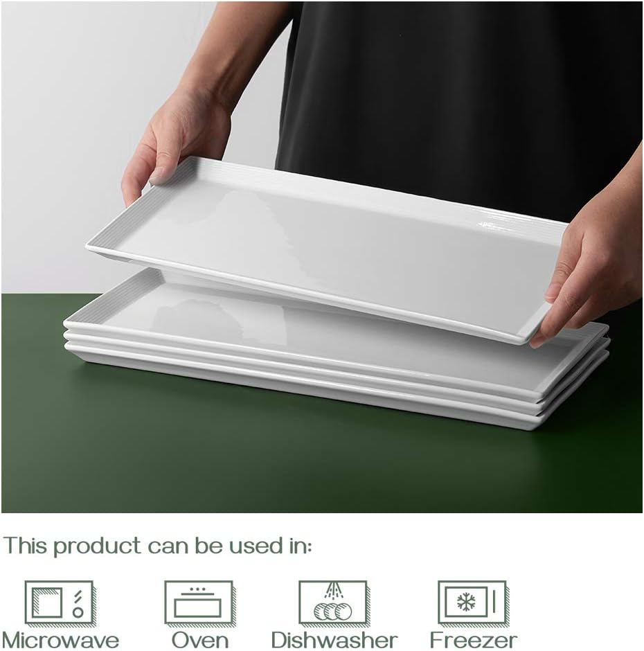 DOWAN 14.5" Rectangular Plates Set of 4 - Long Serving Trays for Sushi, Pasta, Chips, Appetizer, Cake - White Ceramic Rectangle Platter for Party, Restaurant, Banquet - Dishwasher & Oven Safe