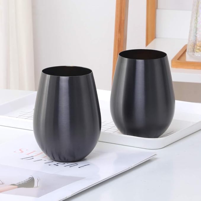 Buyer Star 304 Stainless Steel Wine Glasses Set of 2 - Large 17 oz Outdoor Stemless Wine Tumblers - 100% Unbreakable & Stemless Metal Drinking Cups for Home and Outdoors Dishwasher safe (Black&Gold)