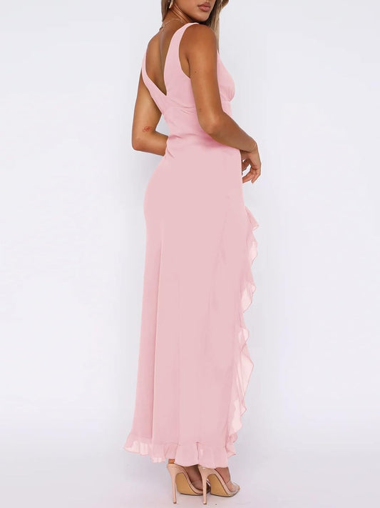 Women Sexy V Neck Sleeveless Mesh Ruffle Hem Bodycon Maxi Casual Backless High Slit Cocktail Party Dress