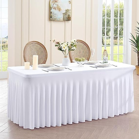 CoFashion Table Skirt for 6ft Tables Spandex White Table Cover with Skirt 3 Packs Stretchy Tablecloth Wrinkle-Resistant Ruffles Elastic Table Covers for Wedding, Banquet, Birthday Parties