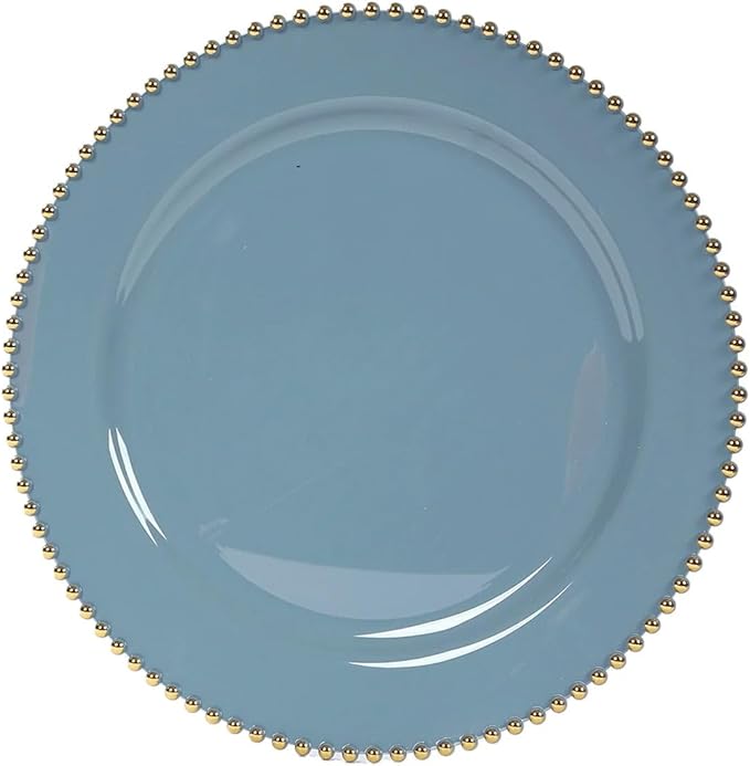 Efavormart 10-Pack Economy Plastic Charger Plates 13" Round Dusty Blue with Gold Beaded Rim - Stylish Dinner Party Serving Plates
