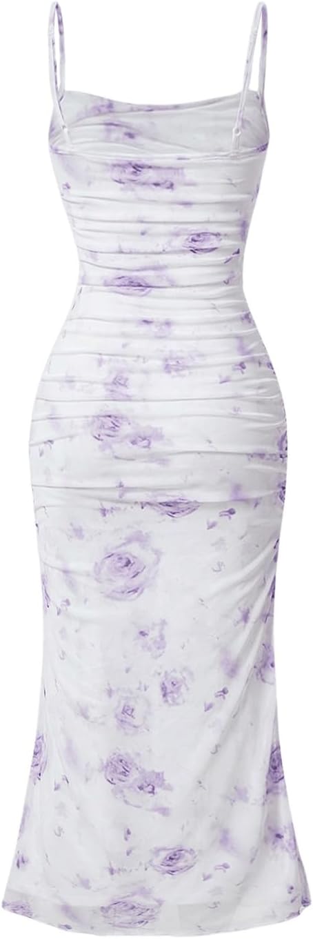 GORGLITTER Women's Floral Ruched Bodycon Midi Dress Mesh Sleeveless Fishtail Cami Dresses