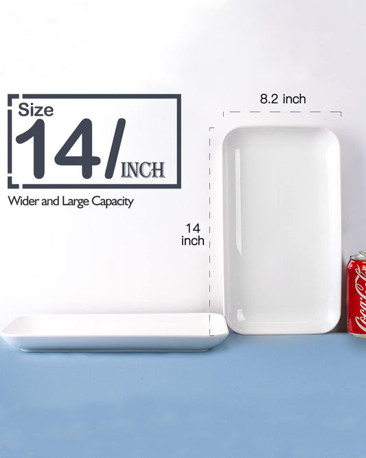 DELLING Large Serving Platter Set 14 inch Widened Large Serving Tray, White Rectangular Plates, Serving Platters for Entertaining, Serving Trays for Party, Oven Safe Dinnerware, Set of 3