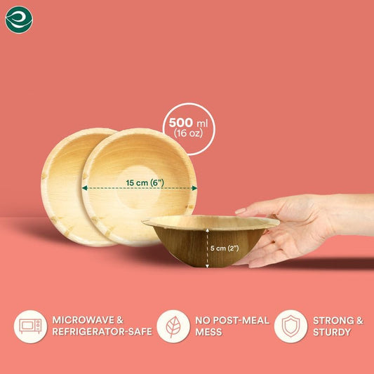 ECO SOUL 100% Compostable, Biodegradable, Disposable Palm Leaf Bowls, Like Bamboo Bowls, Eco-friendly | Sturdy, Microwave & Oven Safe (100, Large 6" (16 Oz) | Round)