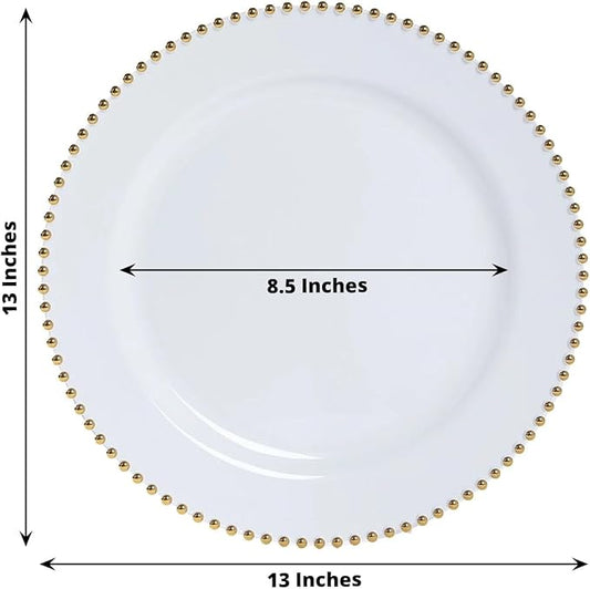 Efavormart 10-Pack Economy Plastic Charger Plates 13" Round White with Gold Beaded Rim - Stylish Dinner Party Serving Plates