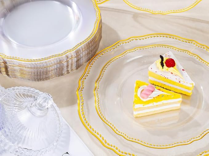 Hioasis 60pcs Clear Plastic Plates - Clear and Gold Disposable Dinnerware with Gold Rim, Heavy-duty, 10.25 inch, Dinner Plates for Party & Wedding