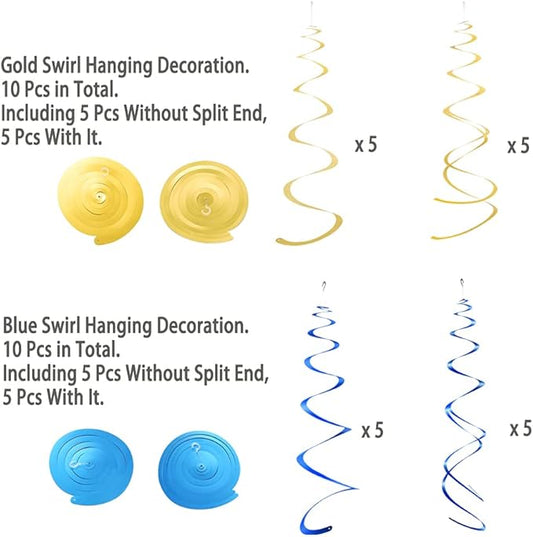 MOWO Gold and Royal Blue Foil Swirl Hanging Decoration for Birthday Graduation New Year Party Supplies,Pack of 20